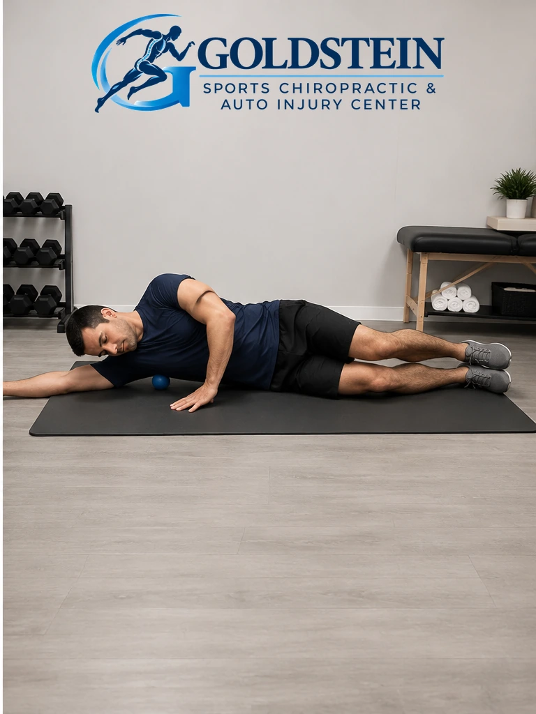 Controlled lat roll. Temporary AI demonstration of Lat Smash with Lacrosse Ball; anonymous model, not Dr. Goldstein or a patient.