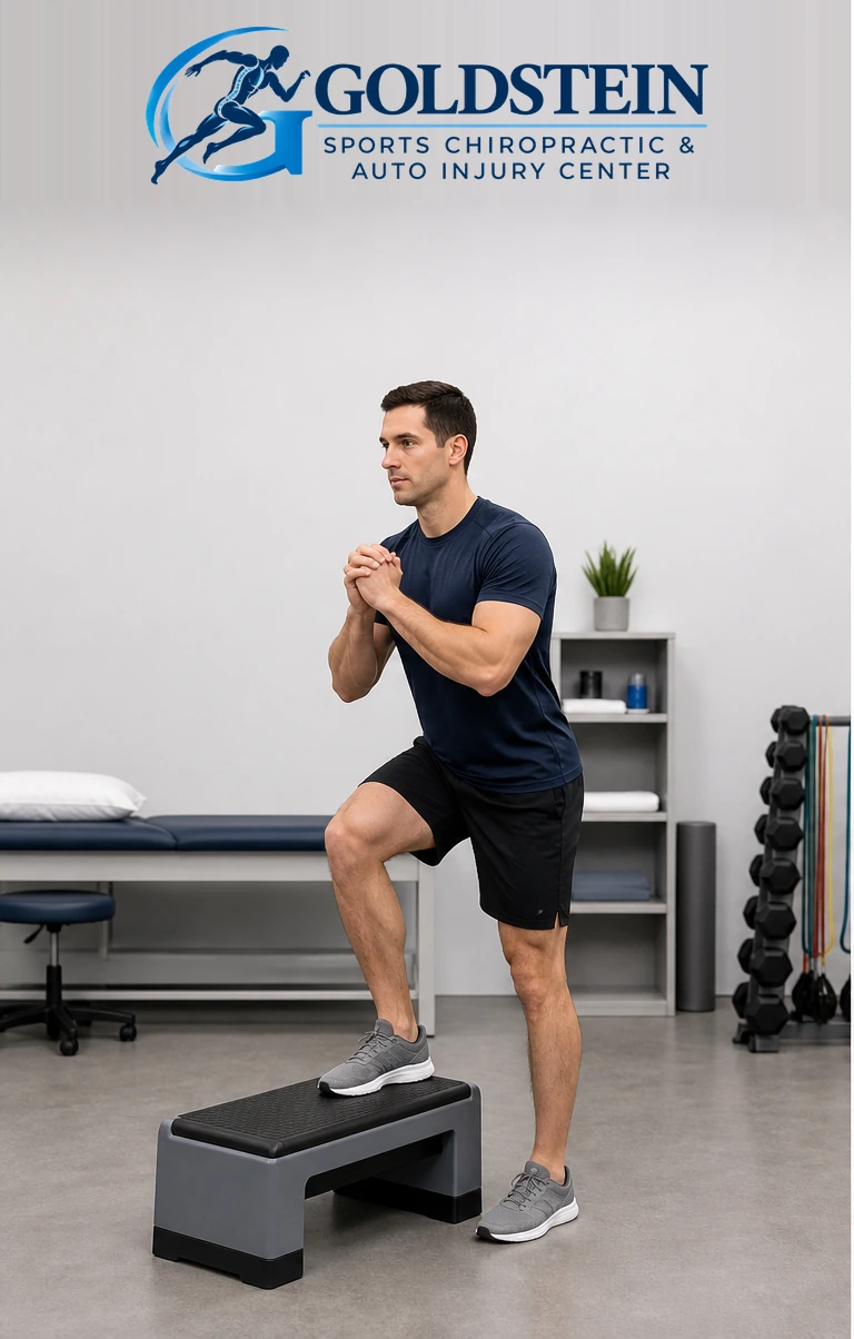 Bent knee — foot on step. Temporary AI demonstration of Lateral Step-Up; not Dr. Goldstein or an actual patient.