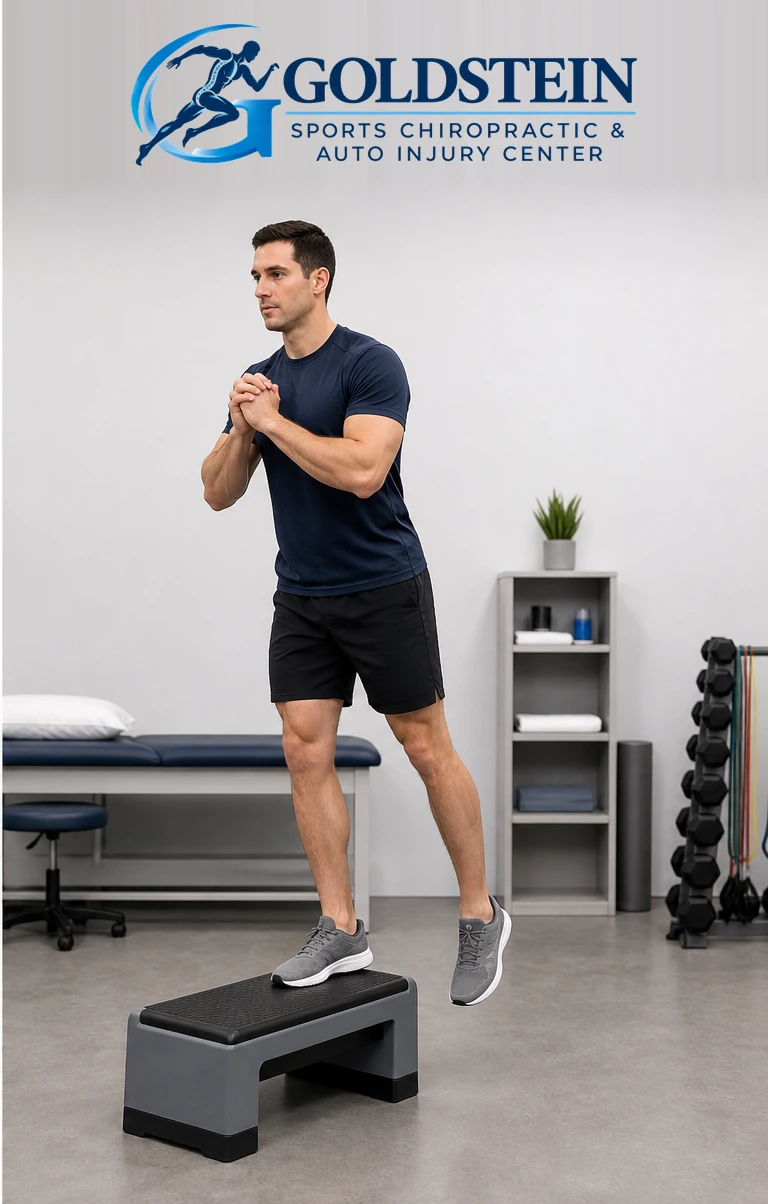 Rise — free foot floats. Temporary AI demonstration of Lateral Step-Up; not Dr. Goldstein or an actual patient.