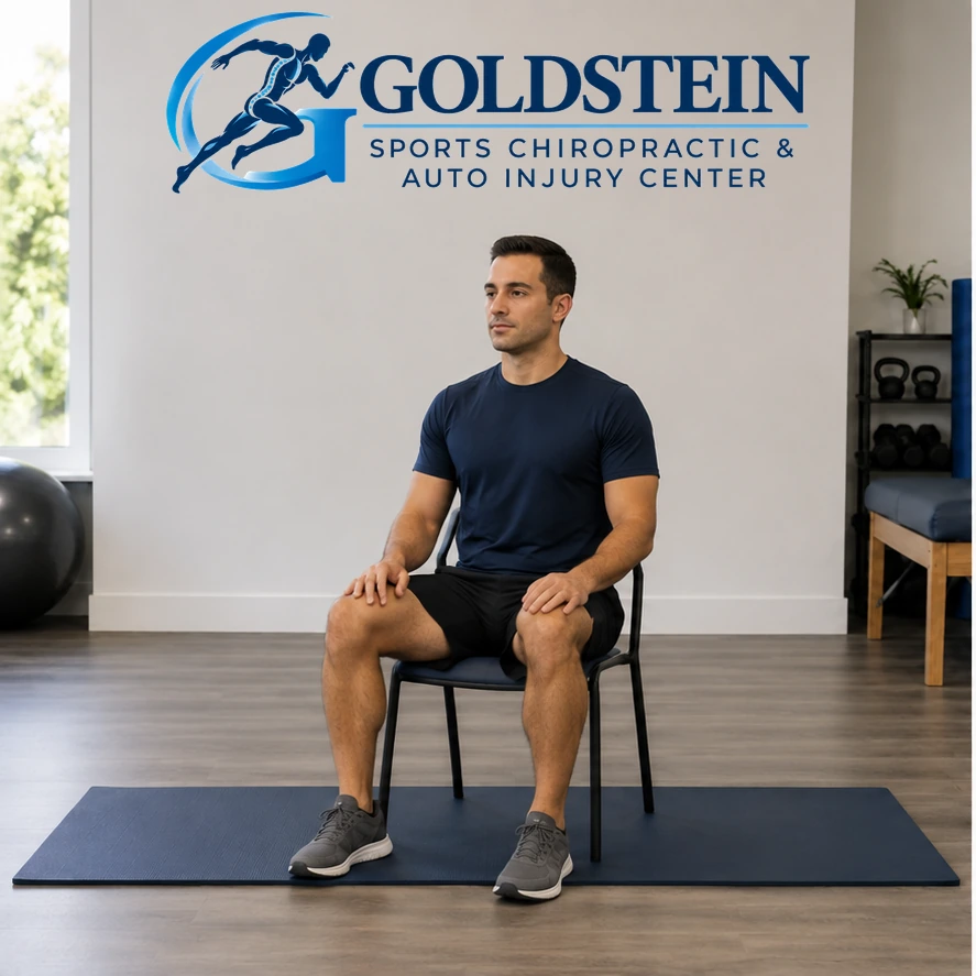 Start position. Temporary AI model demonstrating Levator Scapulae Stretch, not Dr. Goldstein. Start and movement positions are described in the instructions.