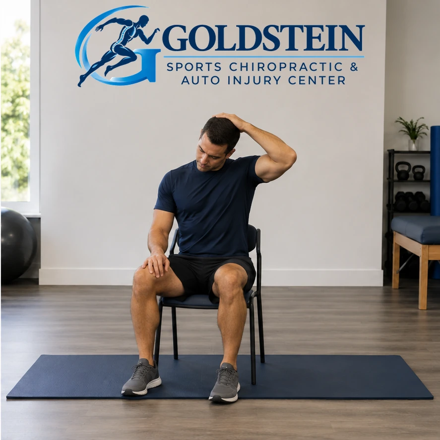 Movement position. Temporary AI model demonstrating Levator Scapulae Stretch, not Dr. Goldstein. Start and movement positions are described in the instructions.