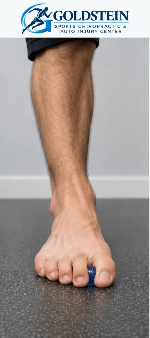 Grasp with toes. AI-generated illustration of a bare foot pinching a blue marble between curled toes.
