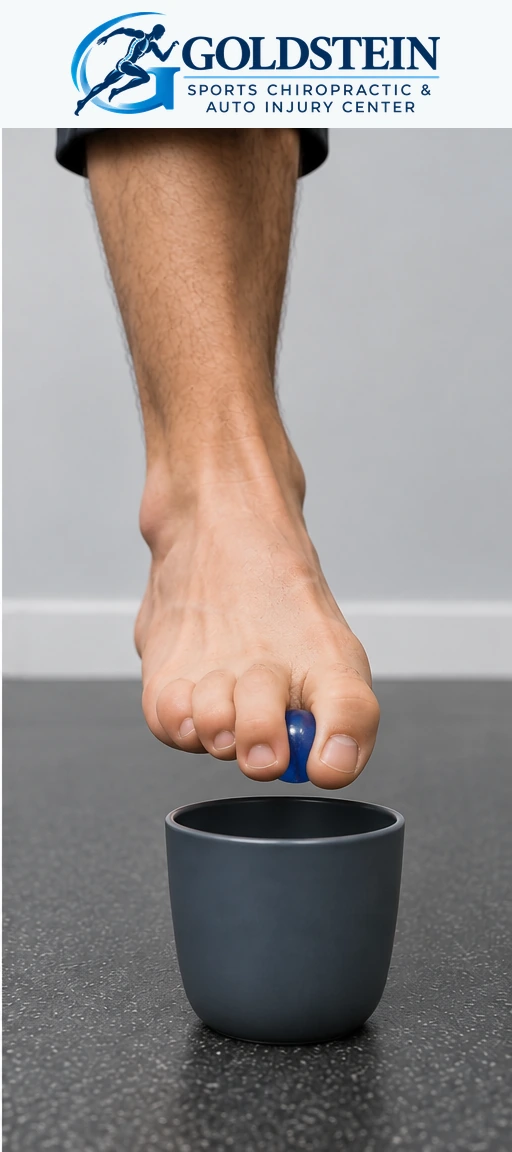 Move toward cup. AI-generated illustration of a bare foot pinching a blue marble between curled toes.