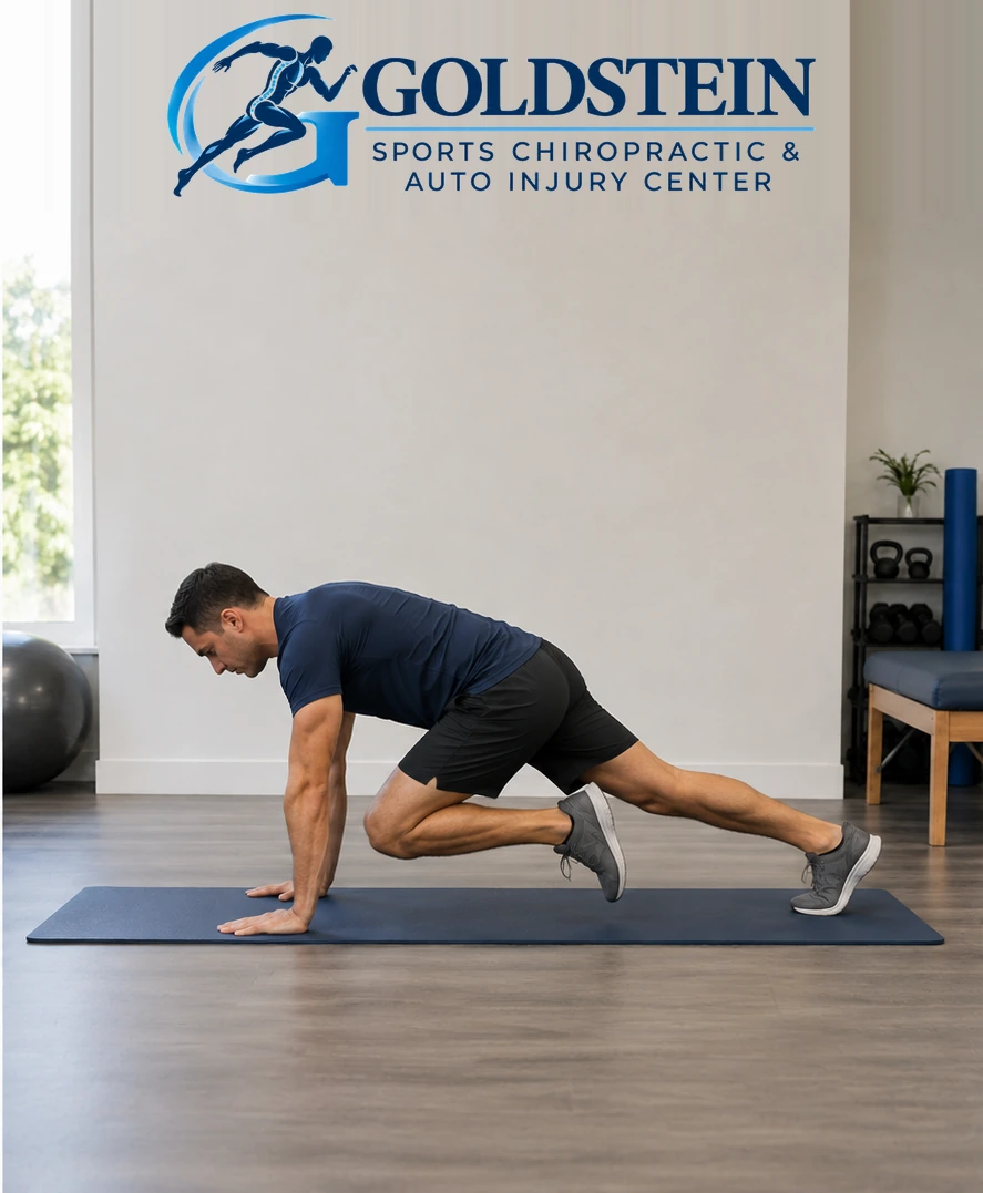 Movement position. Temporary AI demonstration of Mountain Climber; anonymous model, not Dr. Goldstein or a patient.