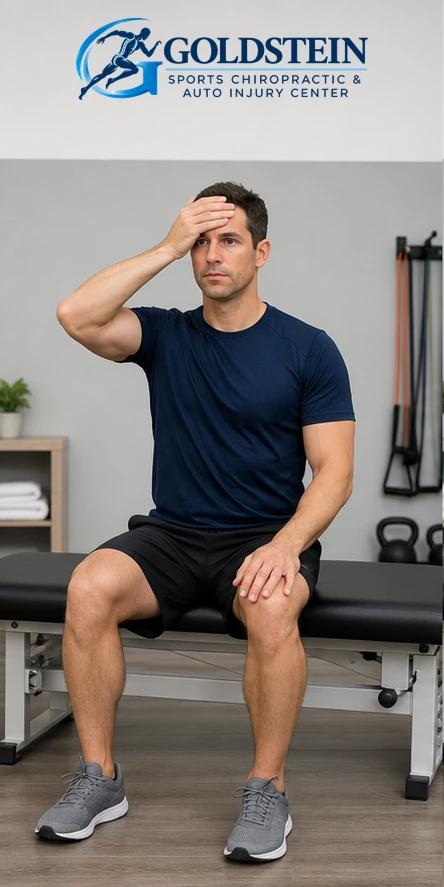 Front resistance. Temporary AI model demonstrating Isometric Neck Strengthening, not Dr. Goldstein. Start and movement positions are described in the instructions.