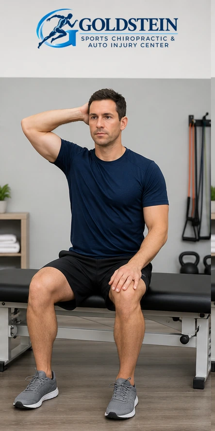 Back resistance. Temporary AI model demonstrating Isometric Neck Strengthening, not Dr. Goldstein. Start and movement positions are described in the instructions.