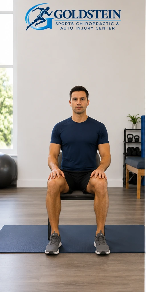 Start. Temporary AI model demonstrating Neck Rolls, not Dr. Goldstein. Start and movement positions are described in the instructions.
