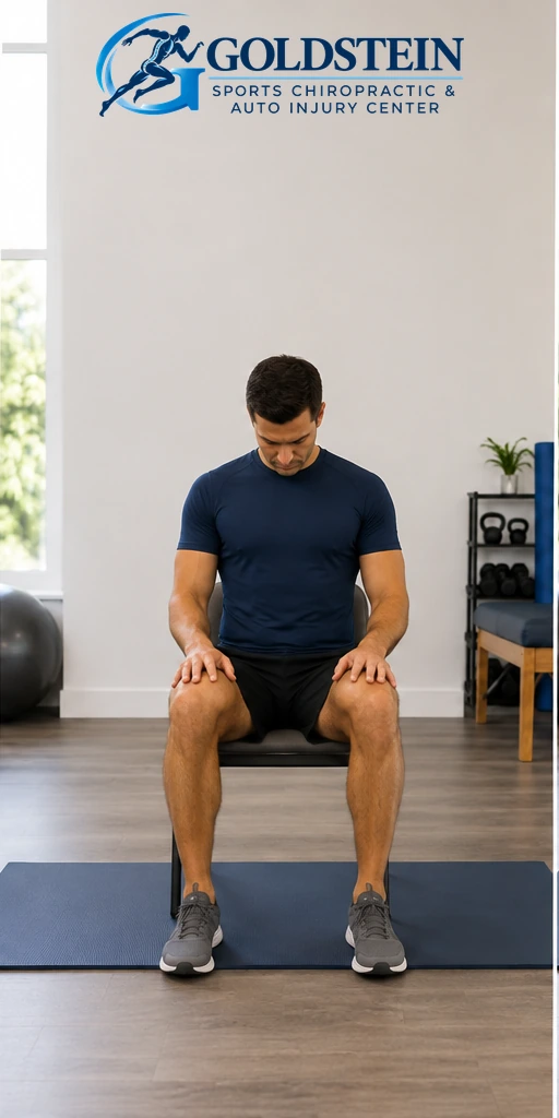 Front of the arc. Temporary AI model demonstrating Neck Rolls, not Dr. Goldstein. Start and movement positions are described in the instructions.