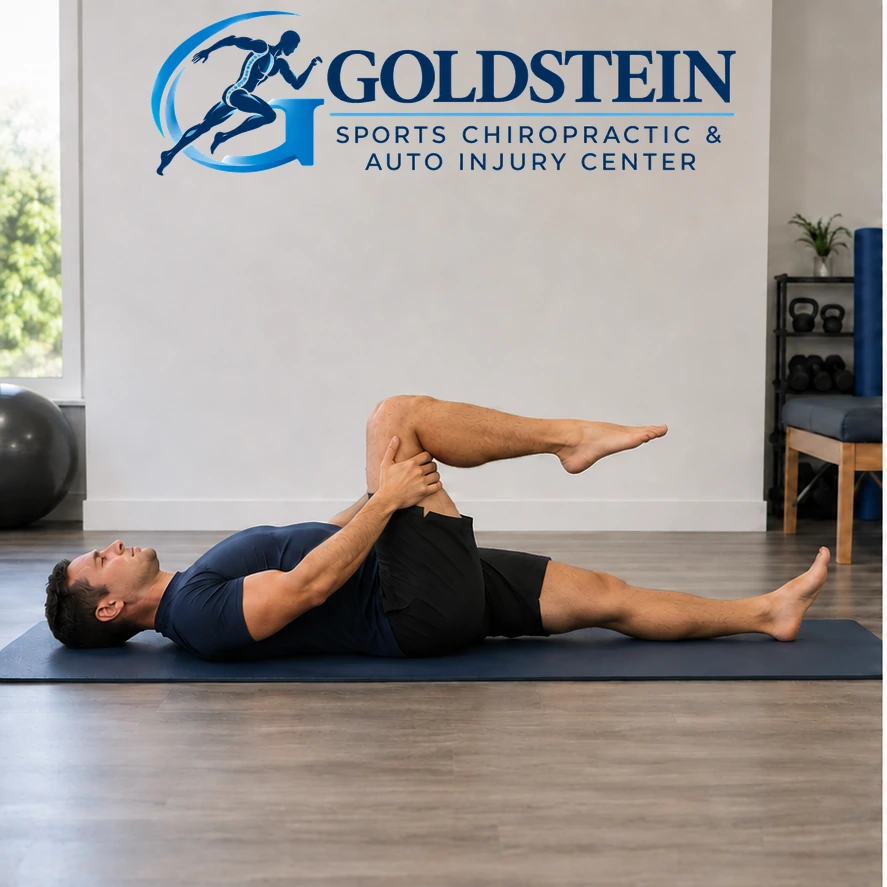 Start position. Temporary AI model demonstrating Sciatica Nerve Flossing, not Dr. Goldstein. Start and movement positions are described in the instructions.
