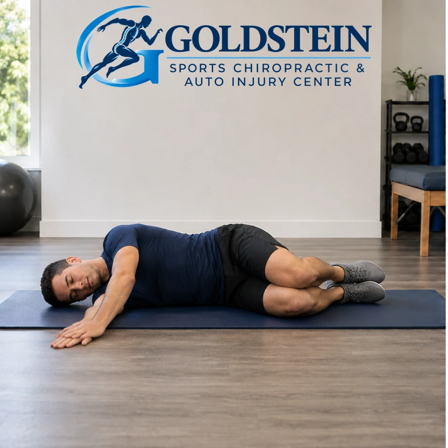 Start position. Temporary AI model demonstrating Open Book Stretch, not Dr. Goldstein. Start and movement positions are described in the instructions.