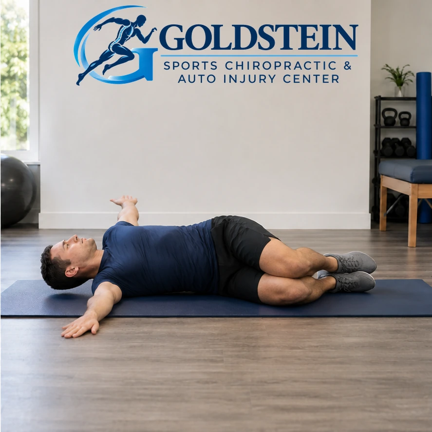Movement position. Temporary AI model demonstrating Open Book Stretch, not Dr. Goldstein. Start and movement positions are described in the instructions.