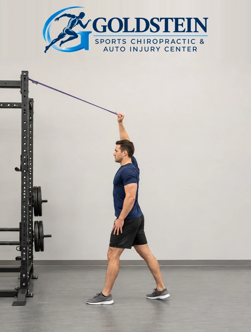Overhead band stretch demonstration by an AI model, not Dr. Goldstein or a patient.