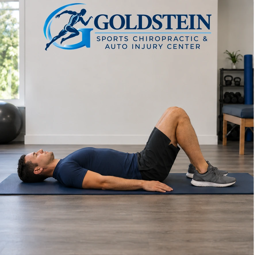 Start position. Temporary AI model demonstrating Pelvic Tilts, not Dr. Goldstein. Start and movement positions are described in the instructions.