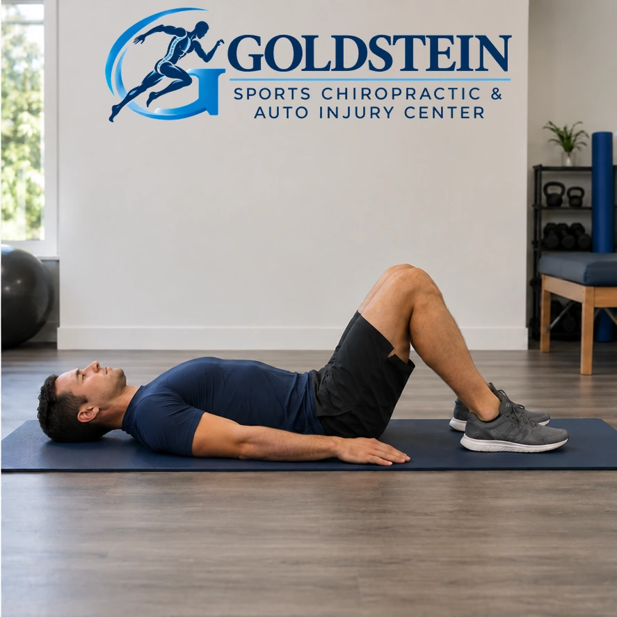 Movement position. Temporary AI model demonstrating Pelvic Tilts, not Dr. Goldstein. Start and movement positions are described in the instructions.