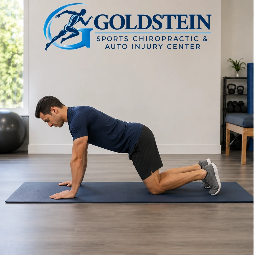 Start position. Temporary AI model demonstrating Plank, not Dr. Goldstein. Start and movement positions are described in the instructions.