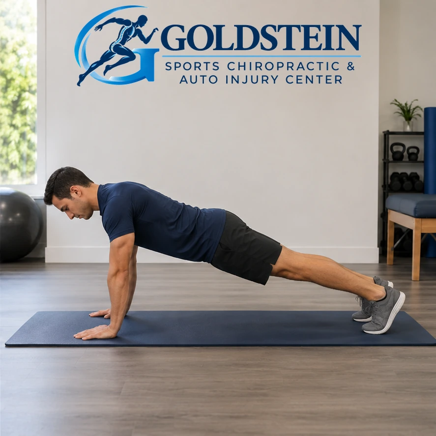 Movement position. Temporary AI model demonstrating Plank, not Dr. Goldstein. Start and movement positions are described in the instructions.