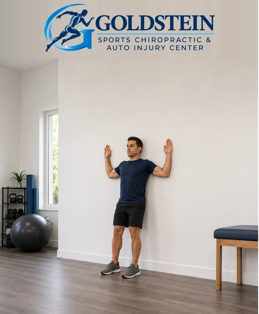 Start position. Temporary AI demonstration of Back-to-Wall Slides; anonymous model, not Dr. Goldstein or a patient.