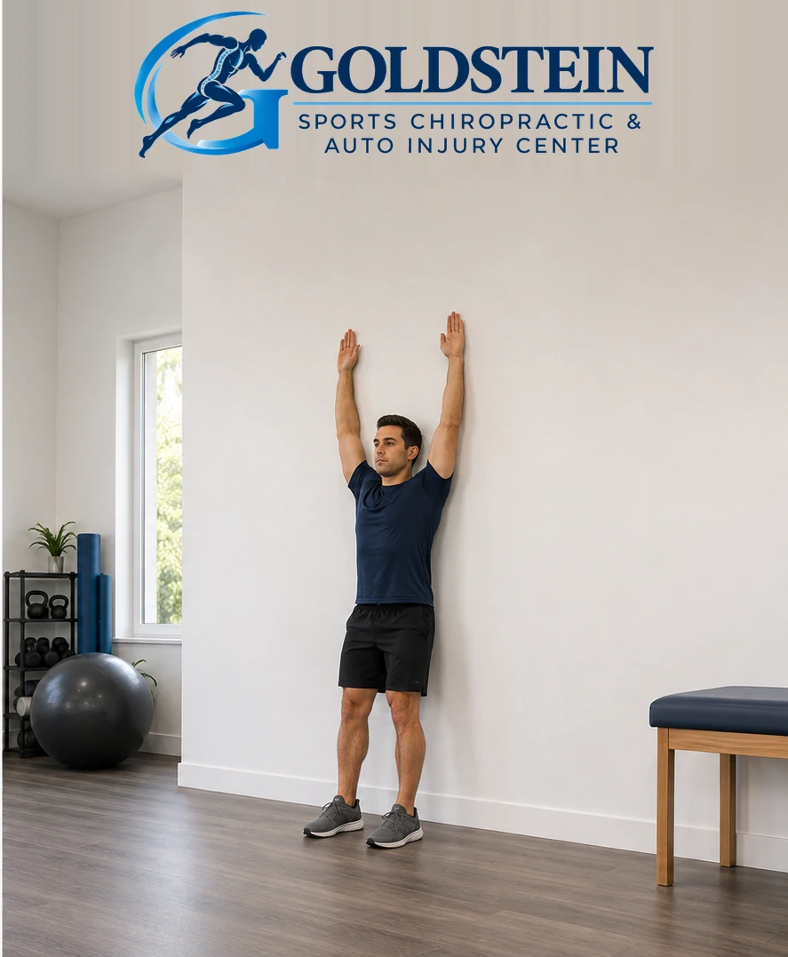Movement position. Temporary AI demonstration of Back-to-Wall Slides; anonymous model, not Dr. Goldstein or a patient.