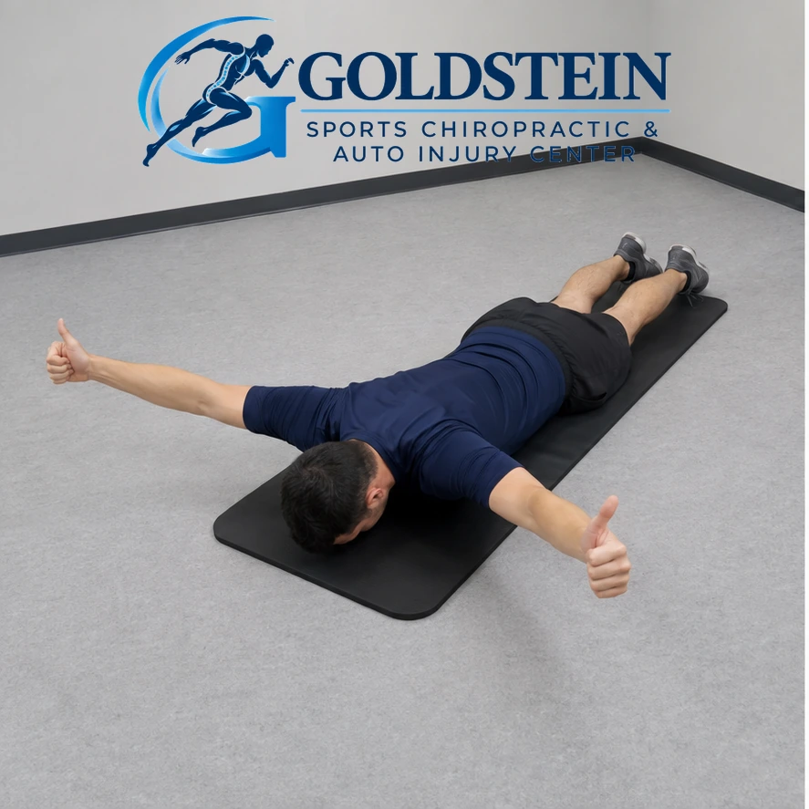 Prone Y. Temporary AI model demonstrating Prone Ys and Ts, not Dr. Goldstein. Start and movement positions are described in the instructions.