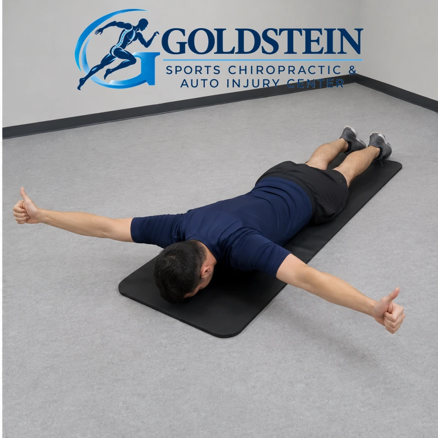 Prone T. Temporary AI model demonstrating Prone Ys and Ts, not Dr. Goldstein. Start and movement positions are described in the instructions.