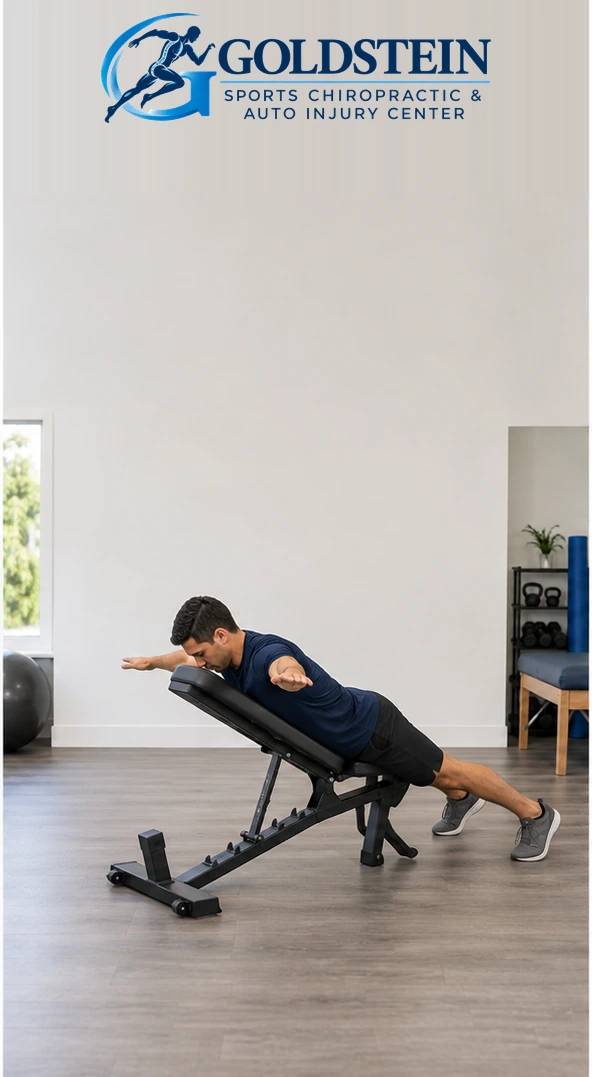 T position. Temporary AI demonstration of Prone Y, T and I; anonymous model, not Dr. Goldstein or a patient.