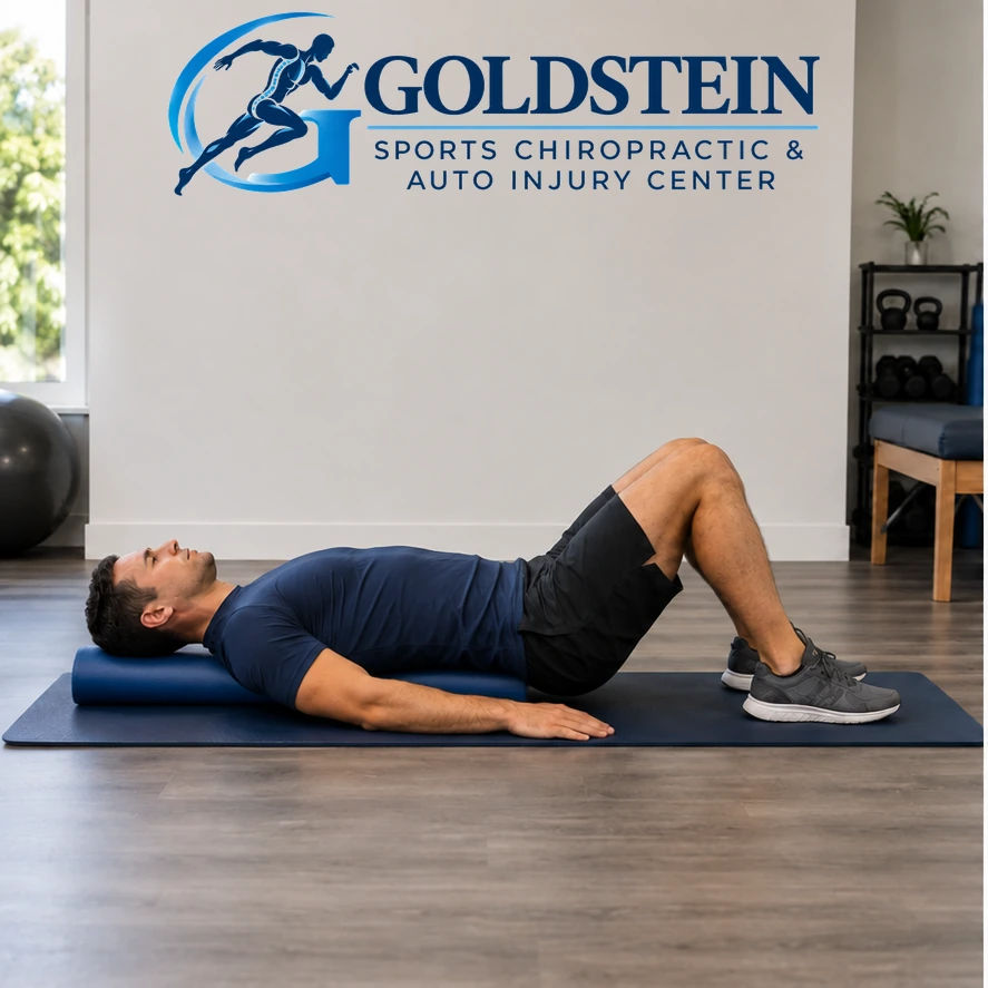Start position. Temporary AI model demonstrating Foam Roller Chest Opener, not Dr. Goldstein. Start and movement positions are described in the instructions.