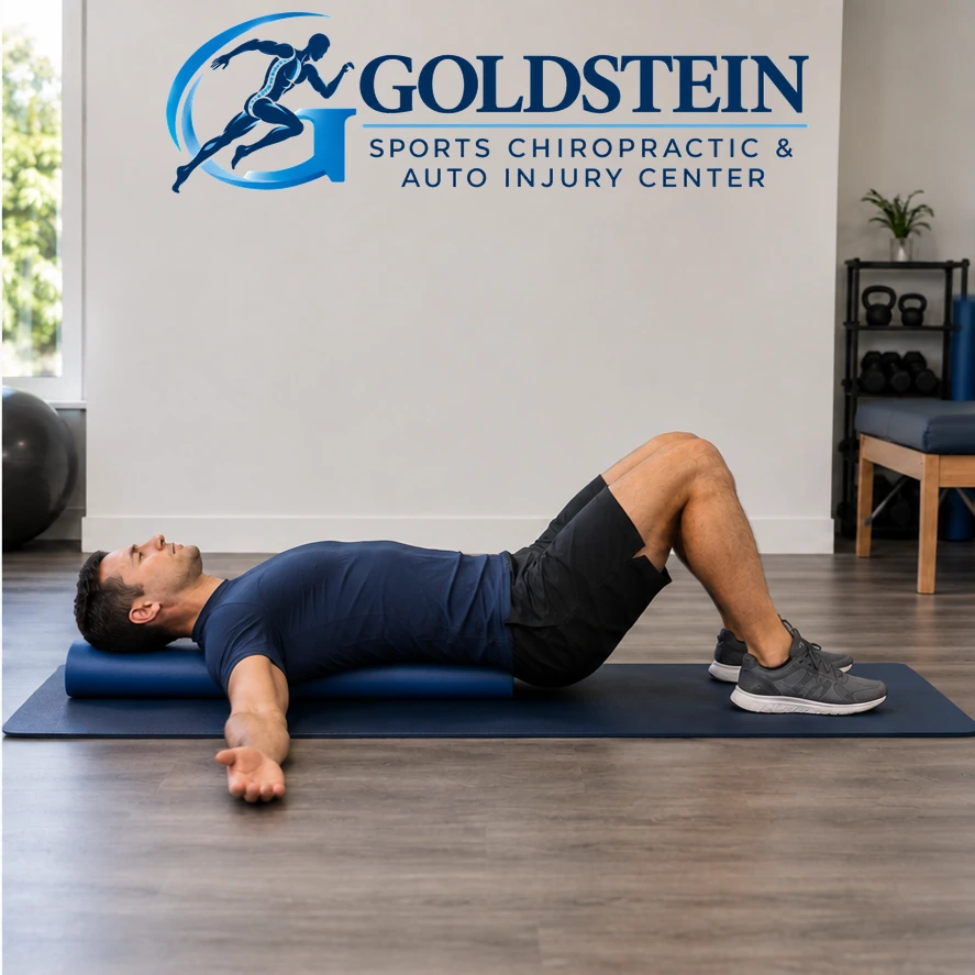 Movement position. Temporary AI model demonstrating Foam Roller Chest Opener, not Dr. Goldstein. Start and movement positions are described in the instructions.