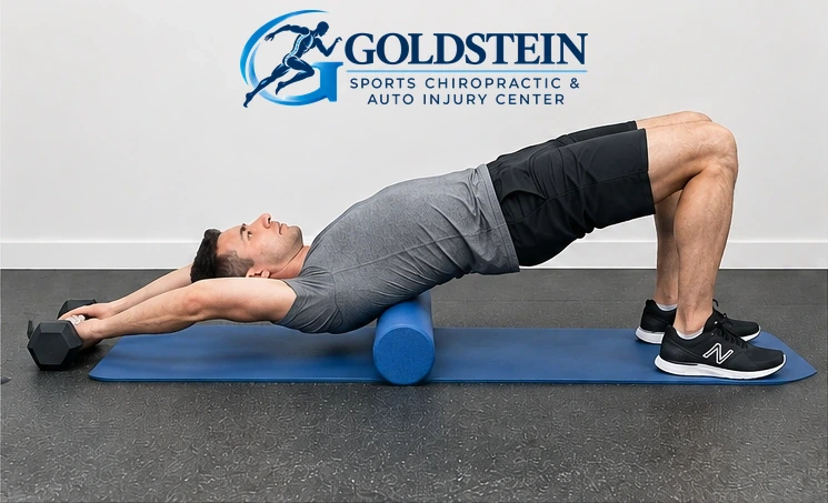Start — hips in bridge. Temporary AI demonstration of Foam Roller Bridge; anonymous model, not Dr. Goldstein or a patient.