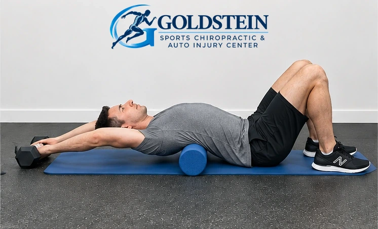 Lower hips — thoracic stretch. Temporary AI demonstration of Foam Roller Bridge; anonymous model, not Dr. Goldstein or a patient.