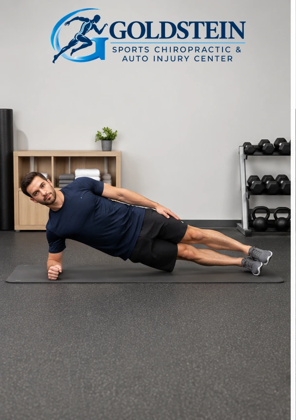 Side A plank. Temporary AI demonstration of Side Plank with Side-to-Side Rotation; anonymous model, not Dr. Goldstein or a patient.