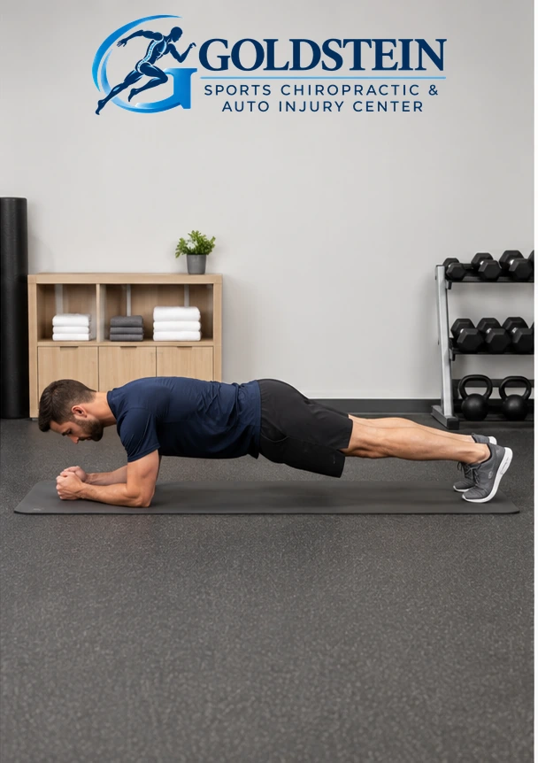 Controlled transition. Temporary AI demonstration of Side Plank with Side-to-Side Rotation; anonymous model, not Dr. Goldstein or a patient.