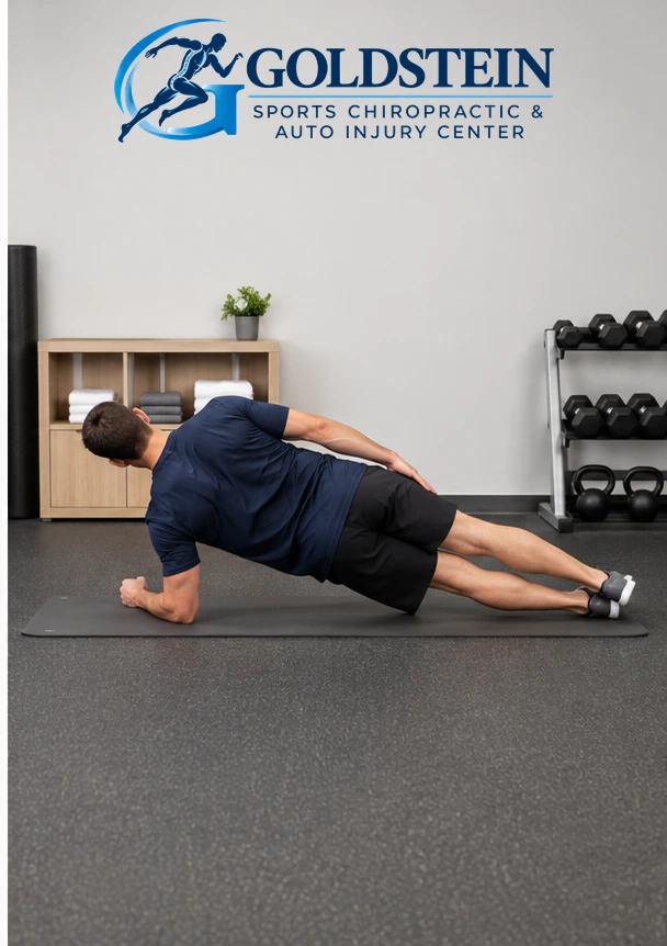 Side B plank. Temporary AI demonstration of Side Plank with Side-to-Side Rotation; anonymous model, not Dr. Goldstein or a patient.