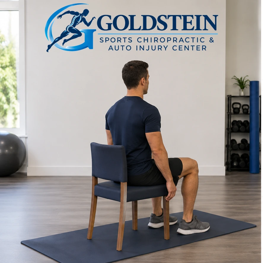 Start position. Temporary AI model demonstrating Scapular Retraction, not Dr. Goldstein. Start and movement positions are described in the instructions.