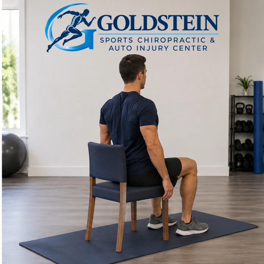 Movement position. Temporary AI model demonstrating Scapular Retraction, not Dr. Goldstein. Start and movement positions are described in the instructions.