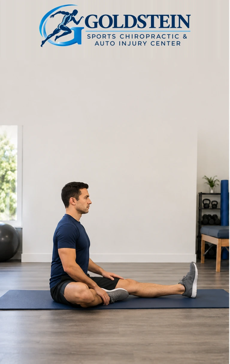 Seated hamstring stretch demonstration by an AI model, not Dr. Goldstein or a patient.