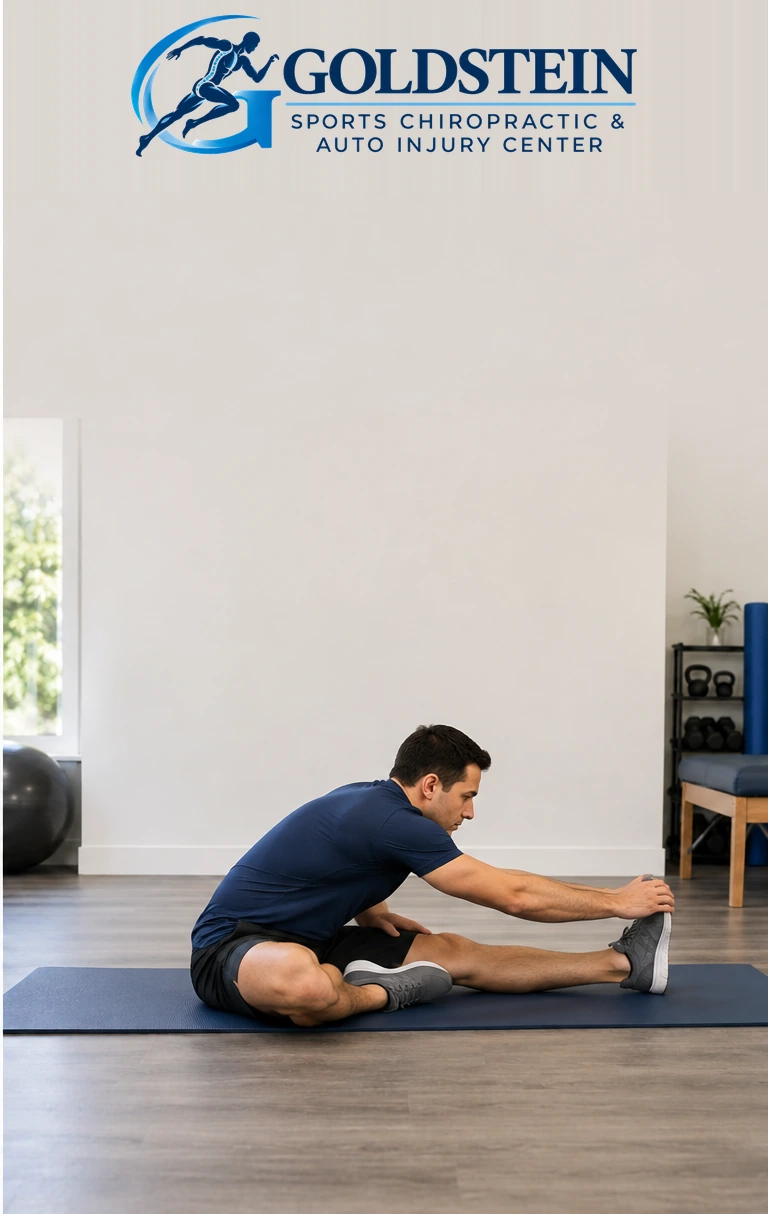 Movement position. Temporary AI demonstration of Seated Single-Leg Hamstring Stretch; anonymous model, not Dr. Goldstein or a patient.
