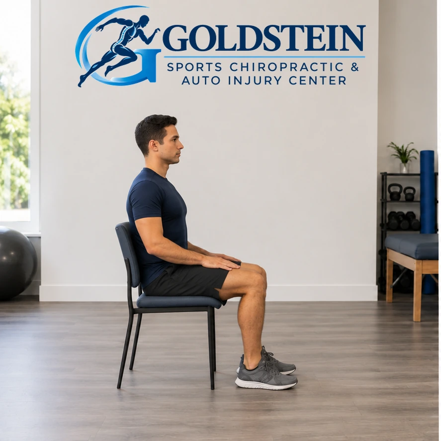 Start position. Temporary AI model demonstrating Seated Marching, not Dr. Goldstein. Start and movement positions are described in the instructions.