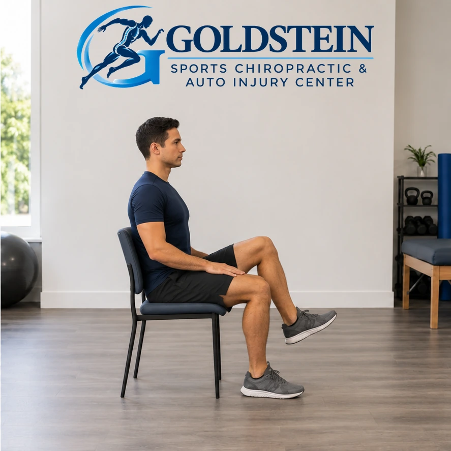 Movement position. Temporary AI model demonstrating Seated Marching, not Dr. Goldstein. Start and movement positions are described in the instructions.