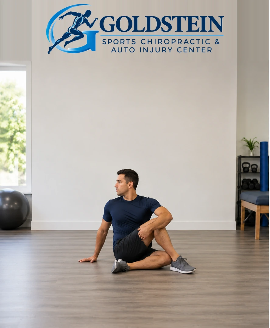 Setup position. Temporary AI demonstration of Sitting Rotation Stretch; anonymous model, not Dr. Goldstein or a patient.