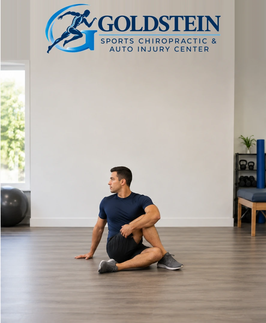Hold position. Temporary AI demonstration of Sitting Rotation Stretch; anonymous model, not Dr. Goldstein or a patient.