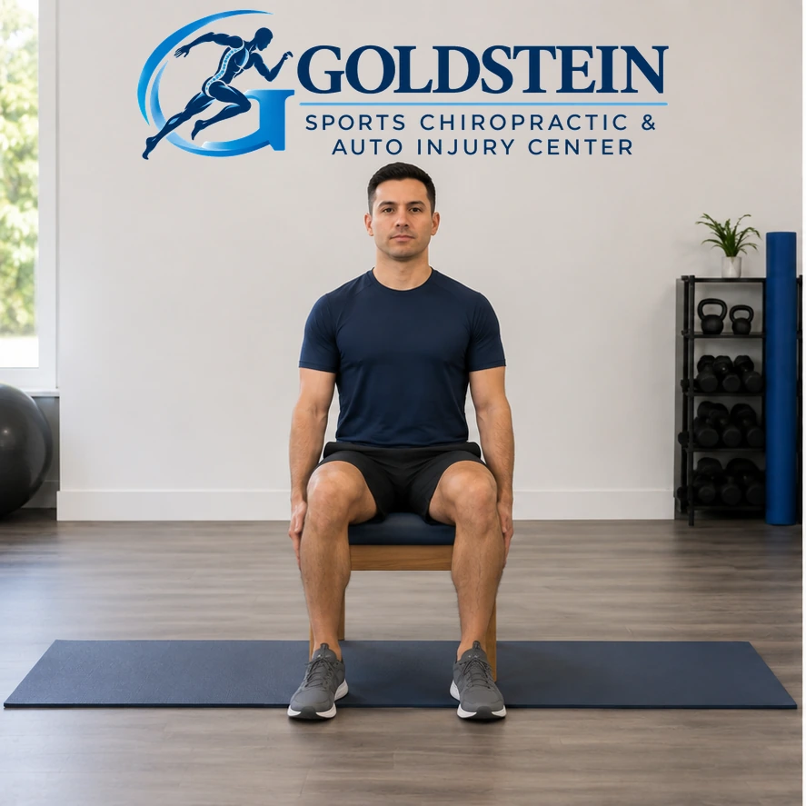 Start position. Temporary AI model demonstrating Shoulder Shrugs, not Dr. Goldstein. Start and movement positions are described in the instructions.