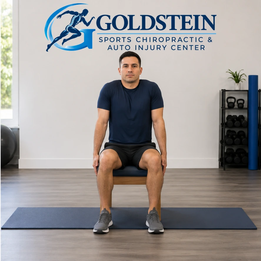 Movement position. Temporary AI model demonstrating Shoulder Shrugs, not Dr. Goldstein. Start and movement positions are described in the instructions.