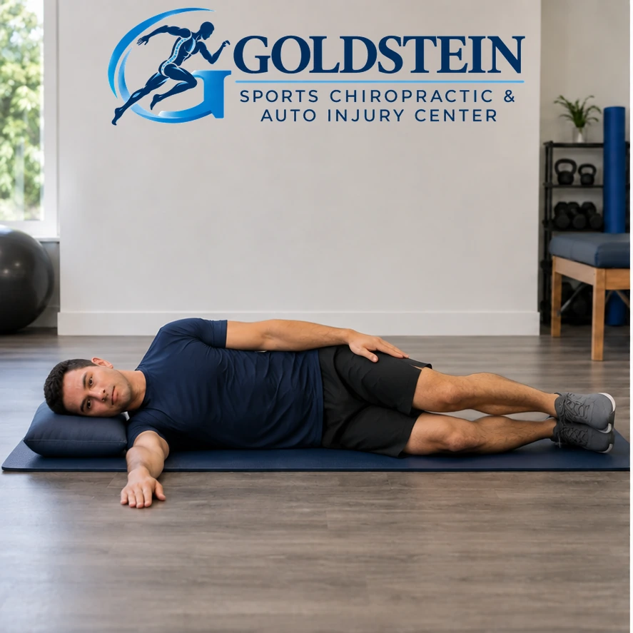 Start position. Temporary AI model demonstrating Side-Lying Arm Raises, not Dr. Goldstein. Start and movement positions are described in the instructions.