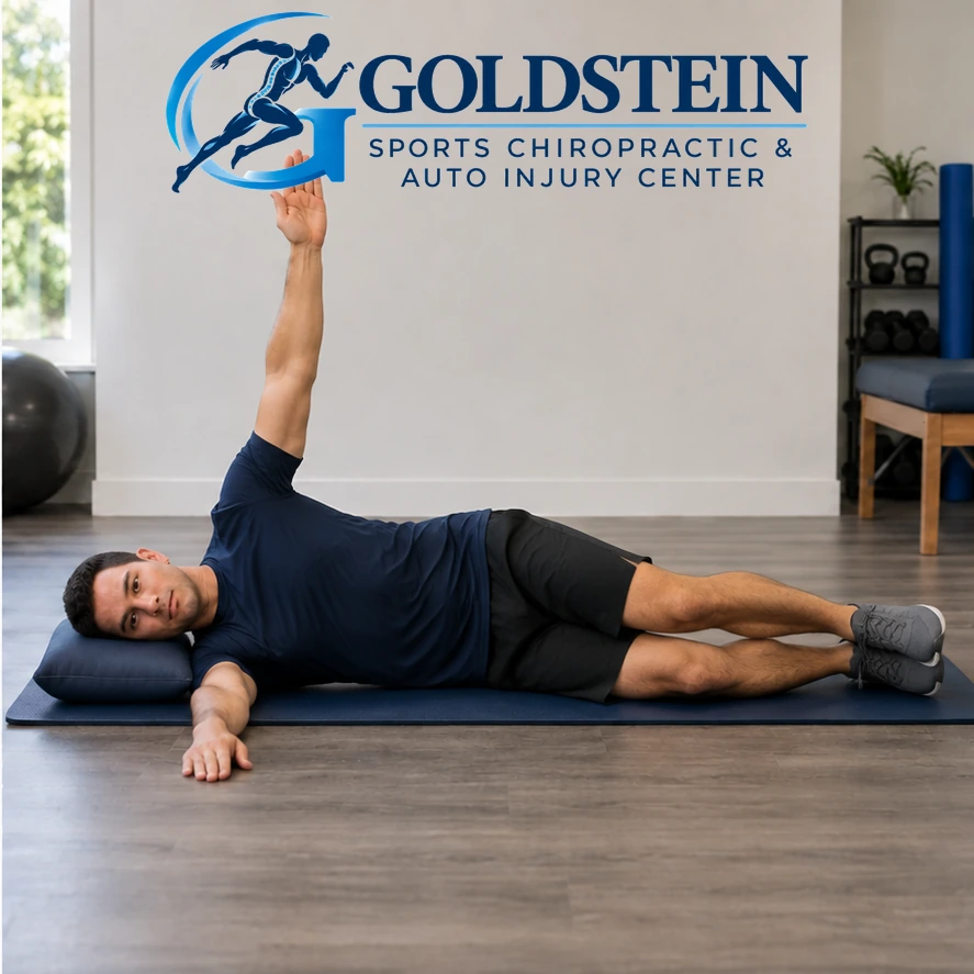 Movement position. Temporary AI model demonstrating Side-Lying Arm Raises, not Dr. Goldstein. Start and movement positions are described in the instructions.