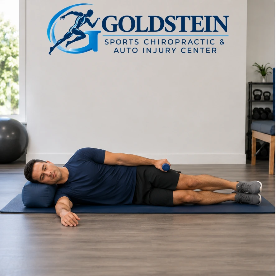 Start position. Temporary AI model showing the light-weight side-lying arm raise, not Dr. Goldstein.