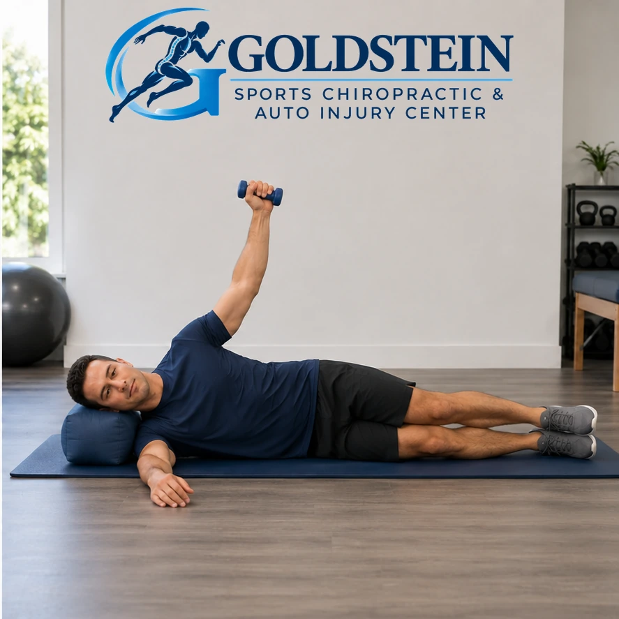 Movement position. Temporary AI model showing the light-weight side-lying arm raise, not Dr. Goldstein.