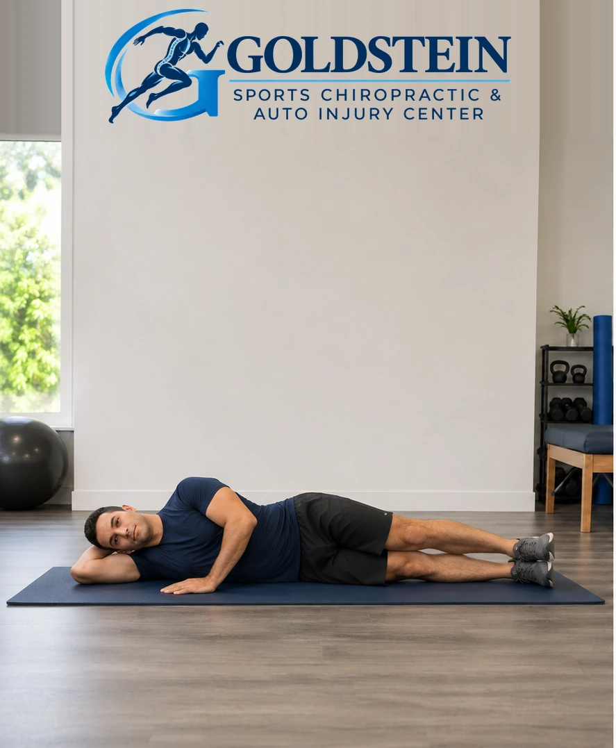 Start position. Temporary AI demonstration of Side Leg Raises; not Dr. Goldstein or an actual patient.