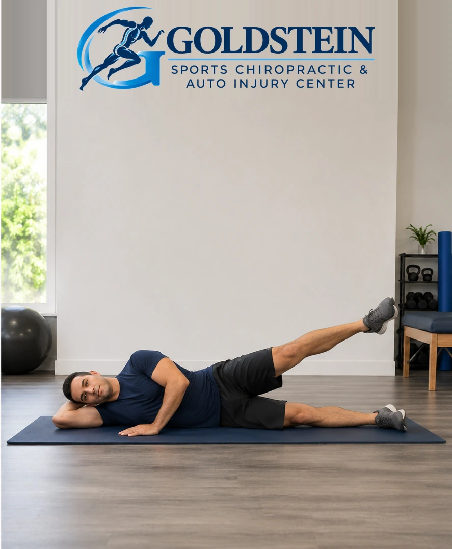 Movement position. Temporary AI demonstration of Side Leg Raises; not Dr. Goldstein or an actual patient.