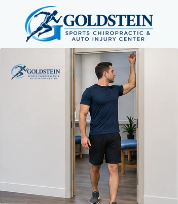 Start position. Temporary AI demonstration of Single-Arm Doorway Stretch; anonymous model, not Dr. Goldstein or a patient.