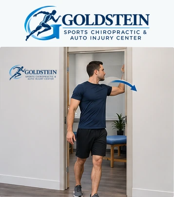 Movement position. Temporary AI demonstration of Single-Arm Doorway Stretch; anonymous model, not Dr. Goldstein or a patient.